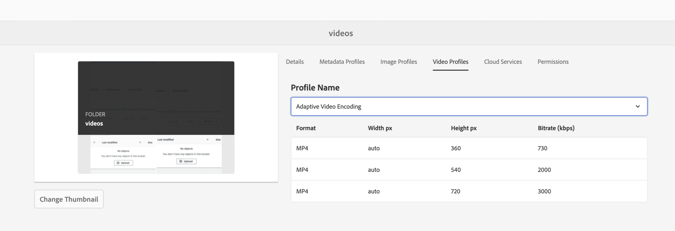 Video dialog with Video Profiles tab selected and Adaptive Video Encoding selected under the profile name field.